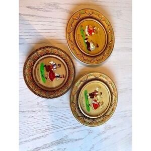 Set of 3 Vintage Wooden Plates Folk Art Bulgaria‎ Hand Painted Decorative